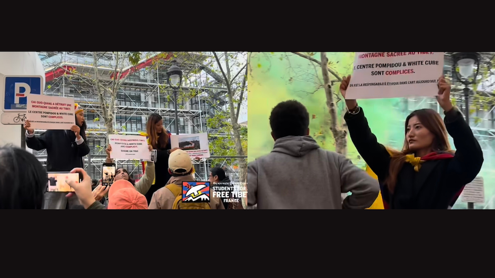 SFT France activisten voeren protest bij het Pompidou Centre in Parijs op 23 oktober 2025