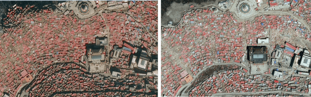 Satellietbeelden van Larung Gar voor en na de sloopwerkzaamheden, waarop grote lege plekken zichtbaar zijn tussen de resterende woningen