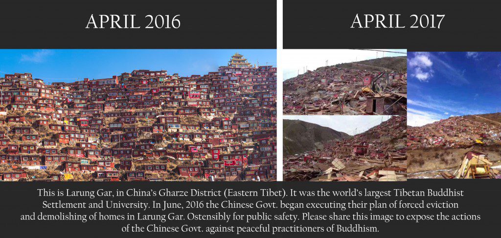 Larung Gar in april 2016 met dichtbebouwde rode woningen, naast beelden uit april 2017 met puinhopen op dezelfde hellingen