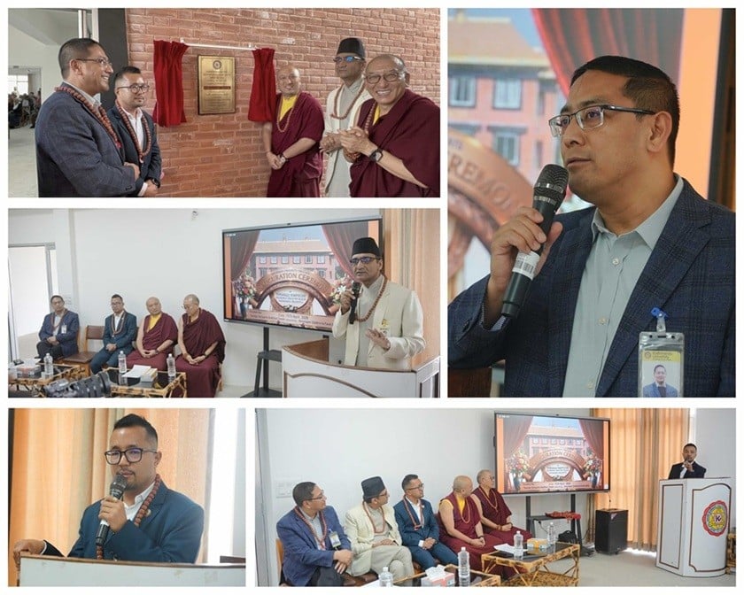 Collage van de inauguratie van het Thrangu Rinpoche Academia Industry Block aan de Kathmandu University, met sprekers, monniken in donkerrode gewaden en genodigden bij de onthulling van een plaquette